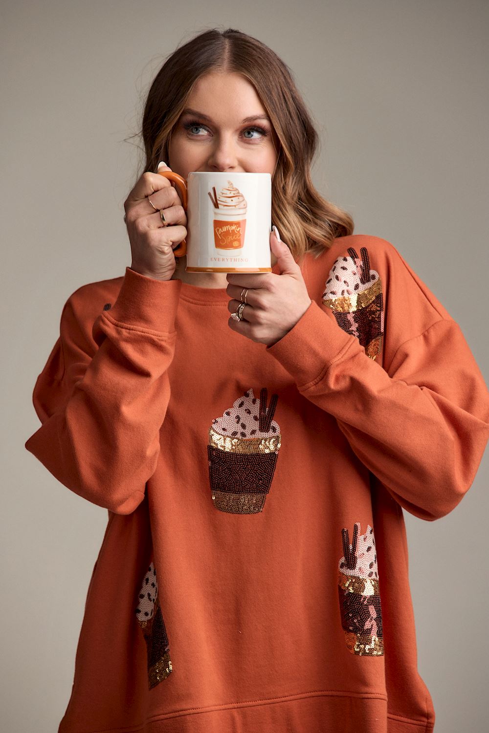 Pumpkin Spice Sweatshirt featuring dessert designs; available in sizes S–XXL.