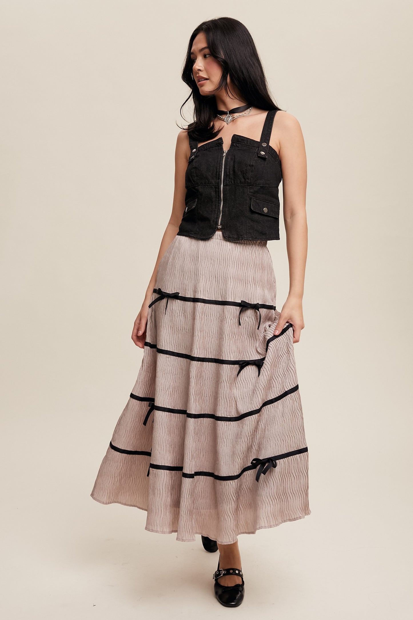 Plisse Bow Contrast Maxi Skirt