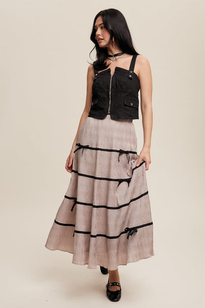 Plisse Bow Contrast Maxi Skirt