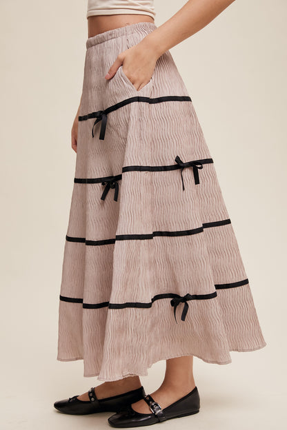 Plisse Bow Contrast Maxi Skirt