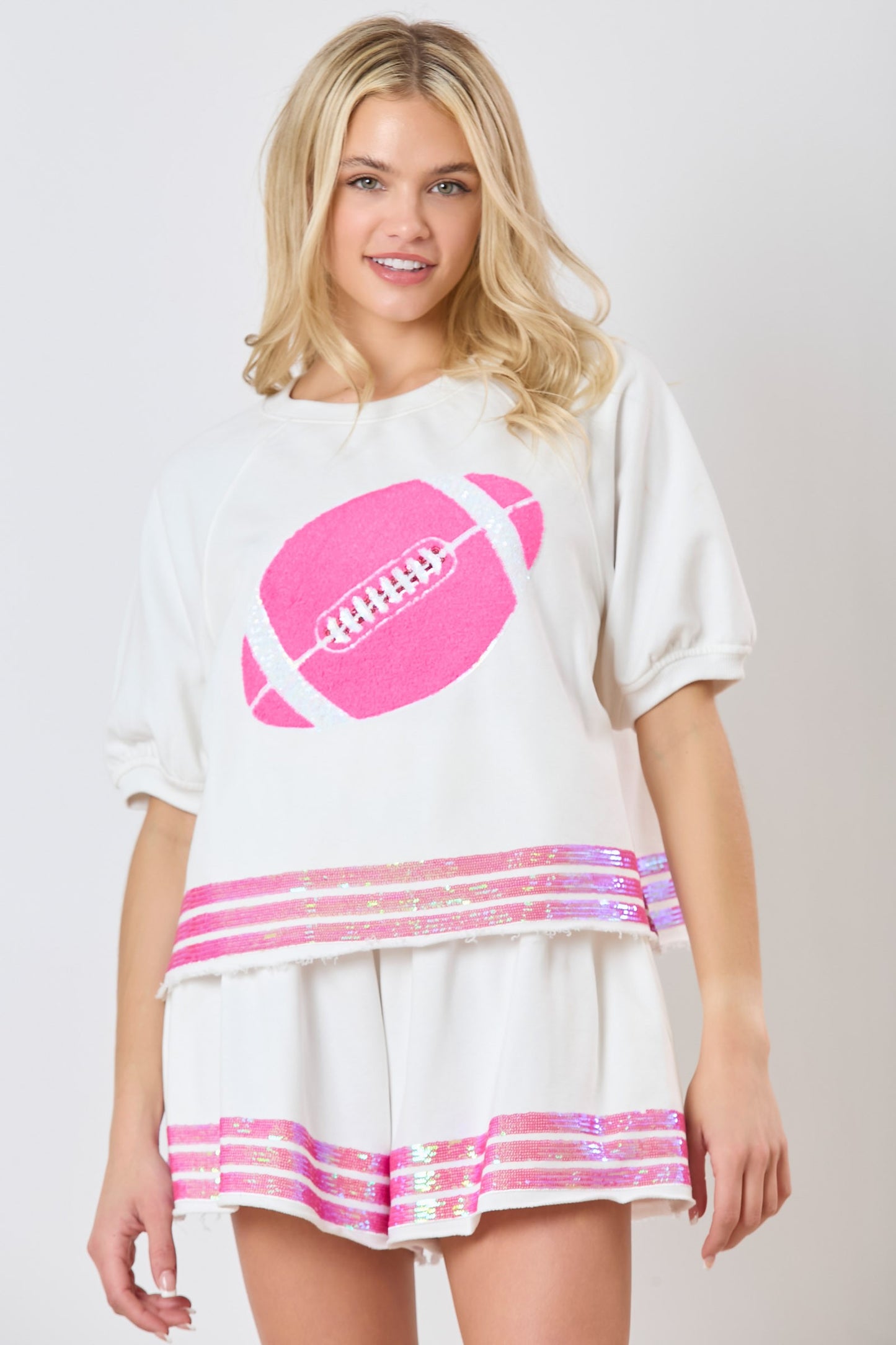 Football Towel & Sequin Embroidery Puff Sleeve Top