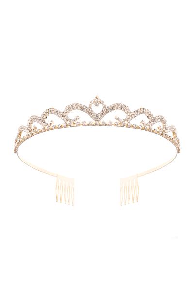 **Product:** Elizabeth Gold Tiara   
**Description:** Luxurious headpiece with shimmering rhinestones and wave-like design. Intricate details with an elegant band. Includes two combs for secure fit.   
**Sizes Available:** One size adjustable fit.