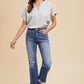 Comfort Stretch Straight Leg Frayed Hem Jeans in light blue, featuring knee rips. Sizes available: 24-32.