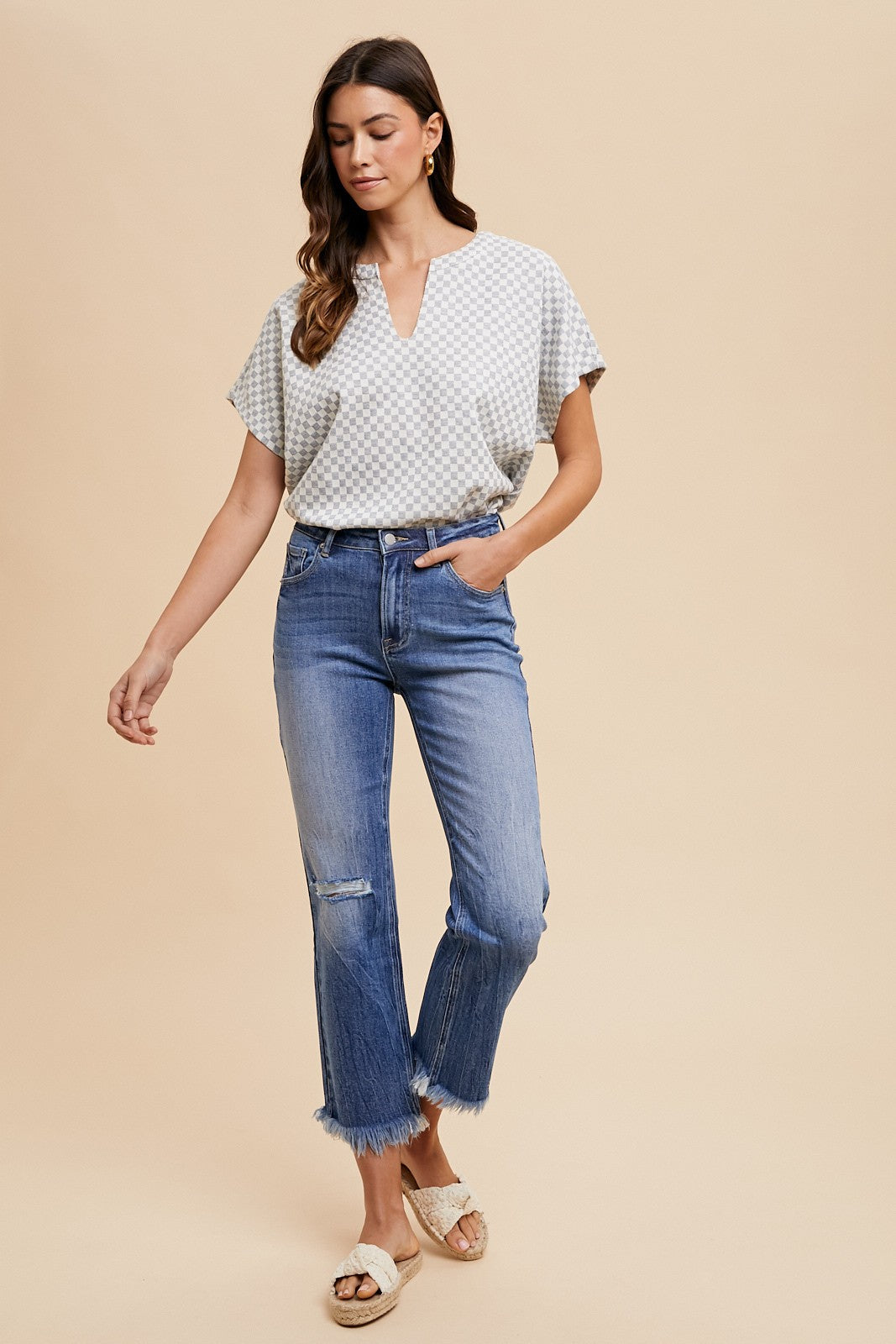 Comfort Stretch Straight Leg Frayed Hem Jeans in light blue, featuring knee rips. Sizes available: 24-32.