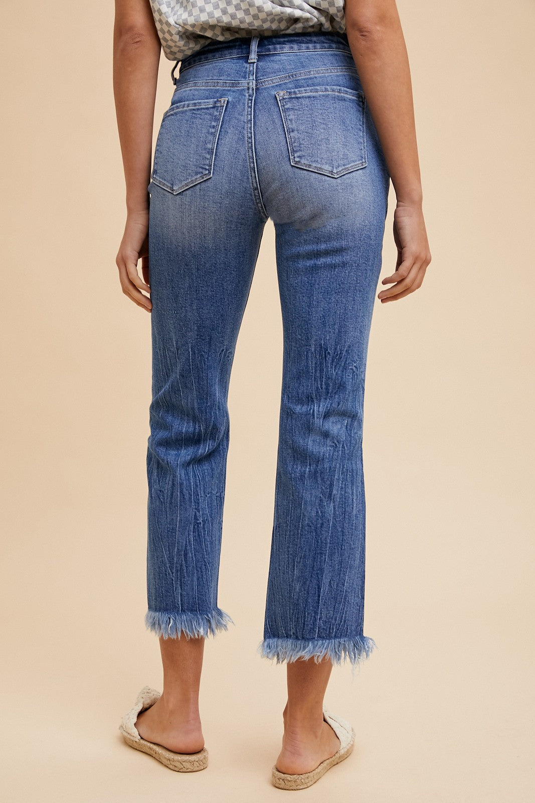 Comfort Stretch Straight Leg Frayed Hem Jeans in blue denim. Cropped above the ankles. Available sizes: 0-16.