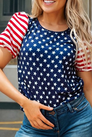 Navy Blue Stars & Stripes Puff Sleeve T-Shirt: Stylish and patriotic. Sizes available: S, M, L, XL.