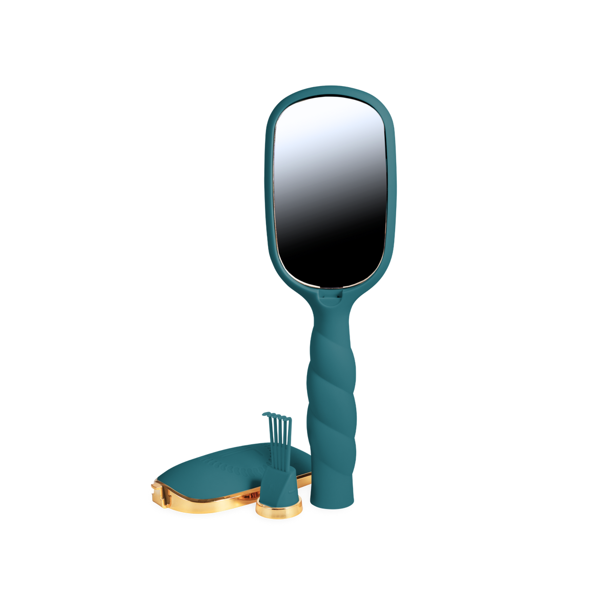Teal handheld mirror with a twisted handle, available in standard size.