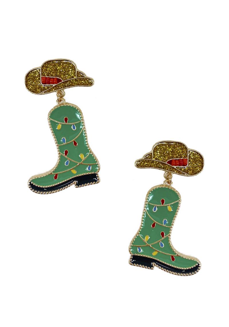 The Joy of Christmas Festive Earrings feature dangling green cowboy boots adorned with colorful lights and glittery gold cowboy hats. Available in one size.