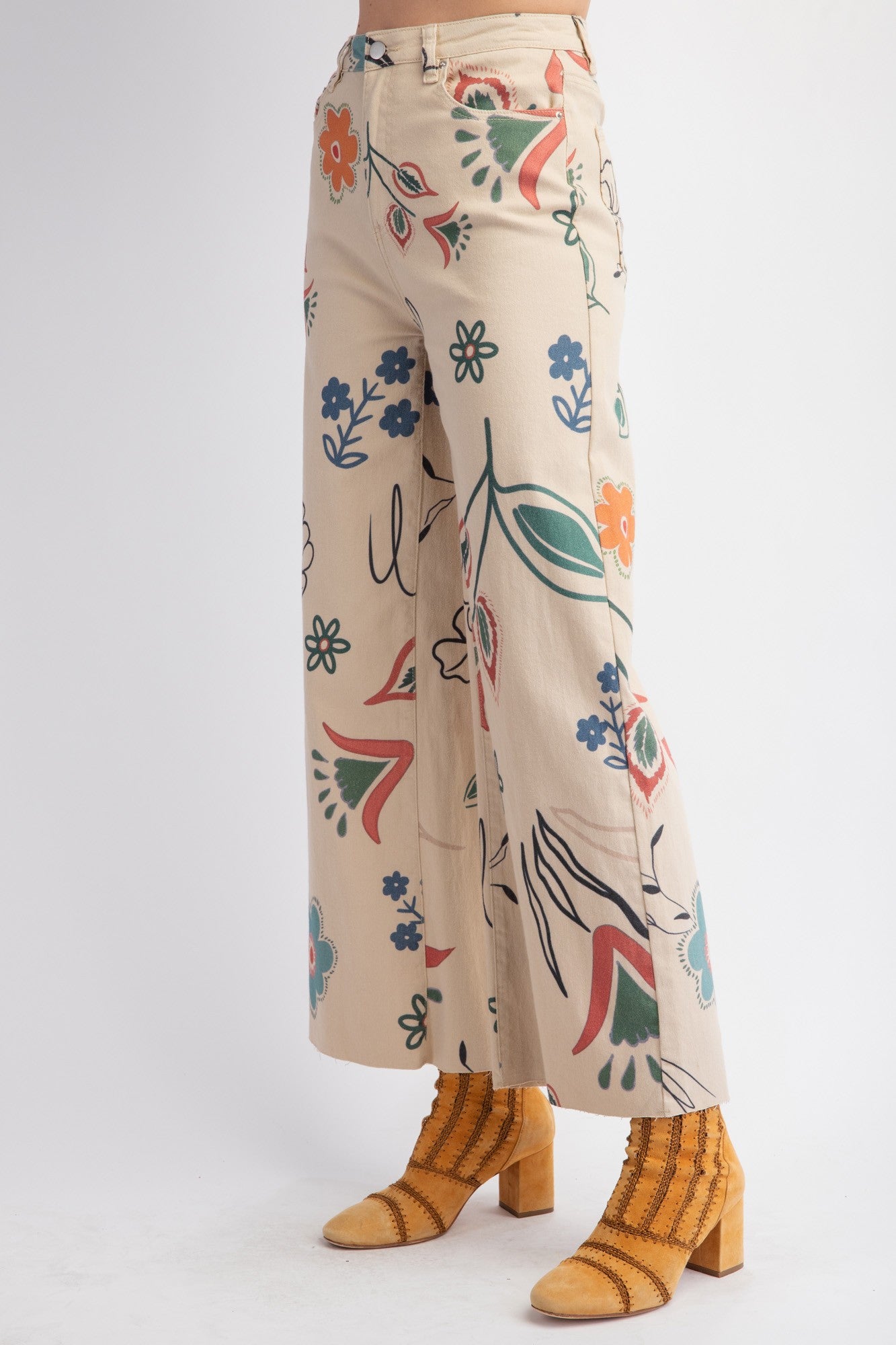 Printed Washed Twill Wide Pants with vibrant floral and abstract design. Available sizes: XS, S, M, L, XL.