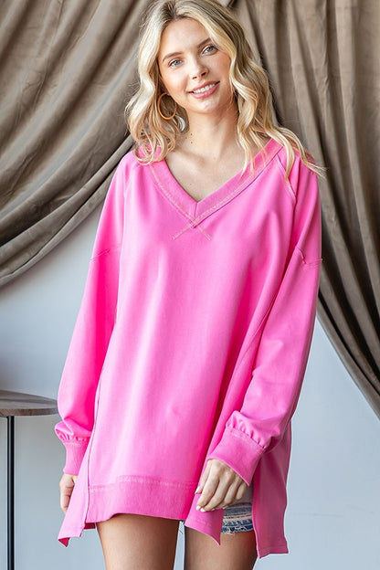 Hot Pink Raw Hem Loose Fit Top: 100% cotton, long-sleeved V-neck. Sizes: S, M, L.