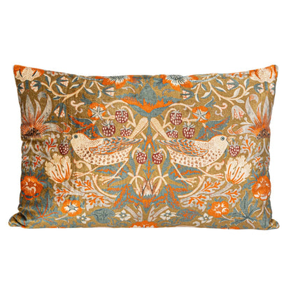 24”x16” velvet lumbar pillow with two birds and vintage-style floral print in orange, brown, cream, and blue.