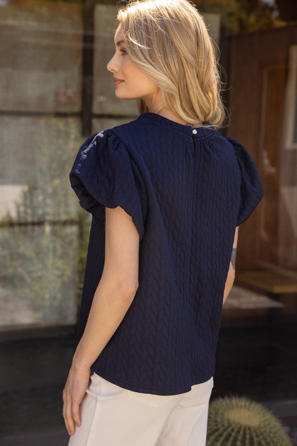 Dark blue Stripe Front Textured Knit Top. Available sizes: S, M, L, XL.
