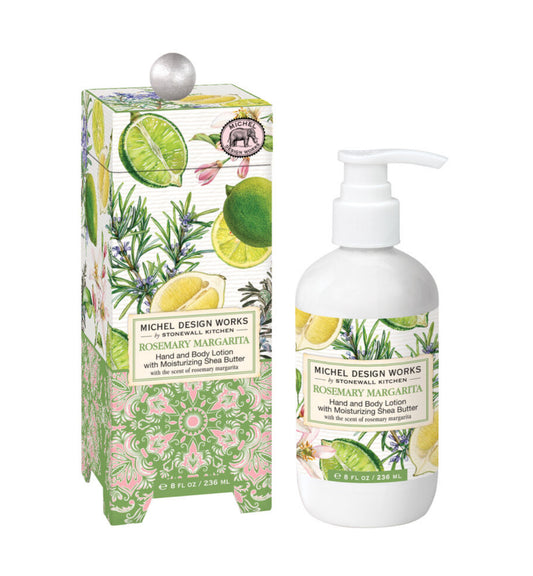 Rosemary & Margarita Hand and Body Lotion by Michel Design Works, infused with shea butter. Bottle and box feature images of lemons, limes, rosemary, and foliage. Sizes available: 8 fl oz (236 ml).