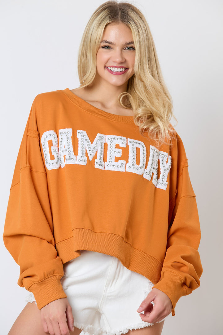 Orange Gameday Crystal Stone Detail Sweatshirt; available in sizes XS-XL.