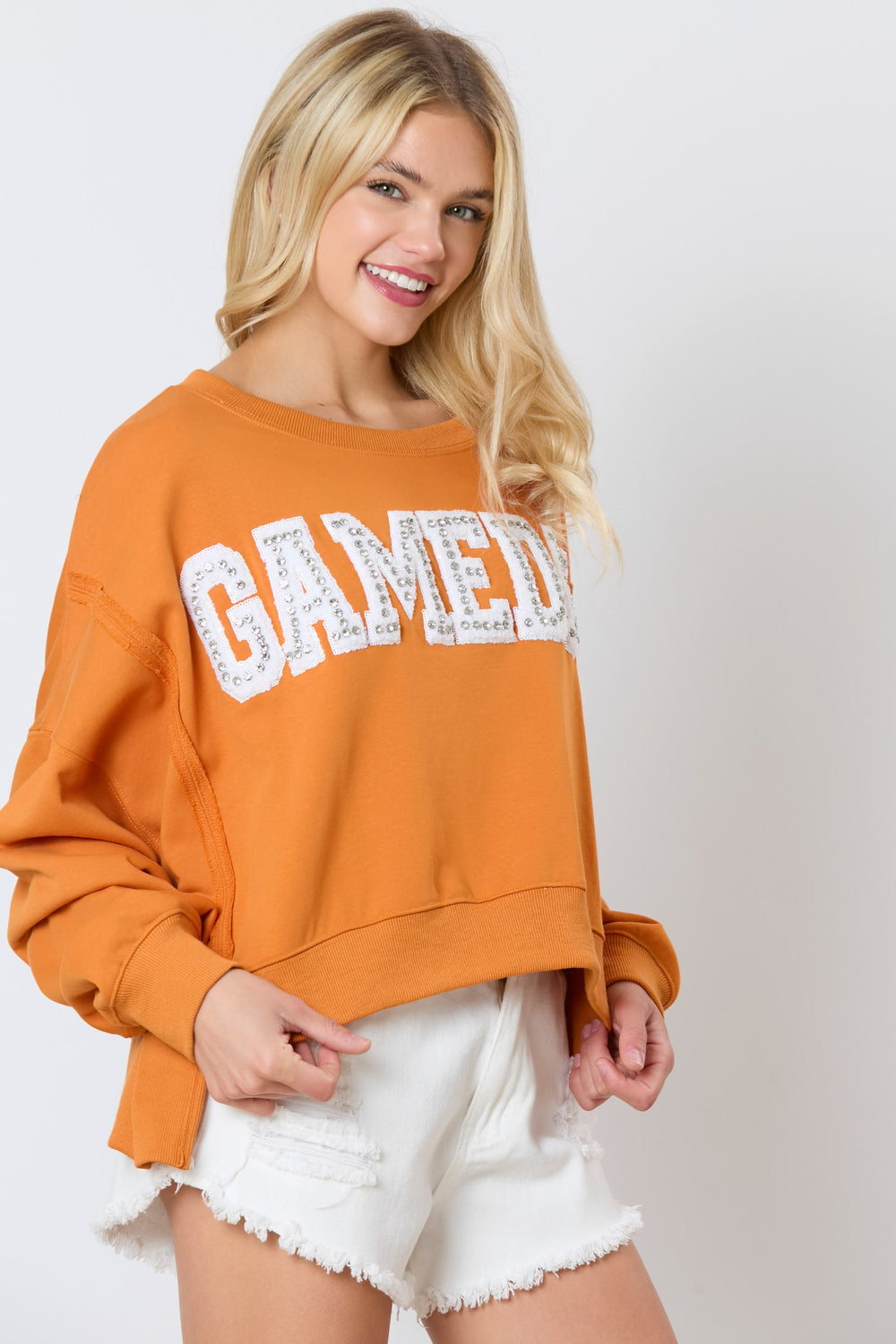Gameday Crystal Stone Detail Sweatshirt, available in sizes S-XL. Features crystal details for added sparkle.
