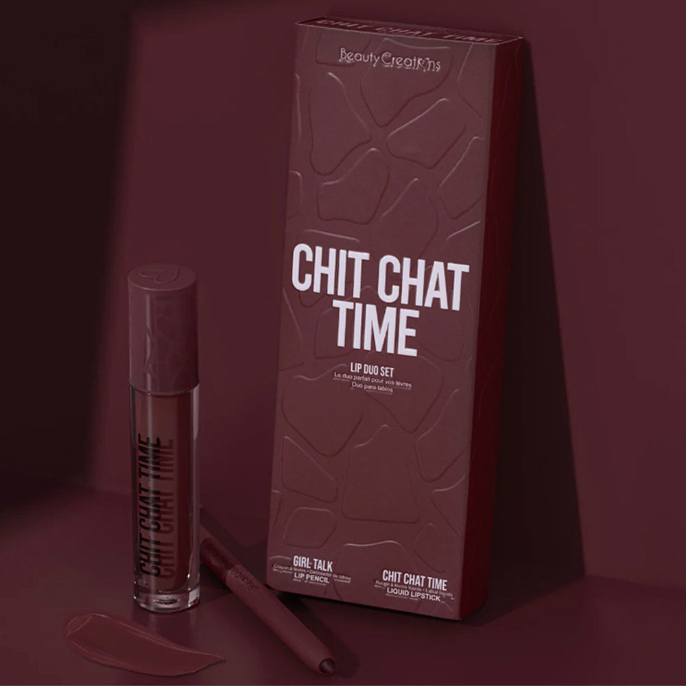 Introducing the "Chit Chat Time" lip duo set from Beauty Creations. This set features lipstick and lip liner in rich brown shades, elegantly packaged on a matching brown background. Available in standard sizes.