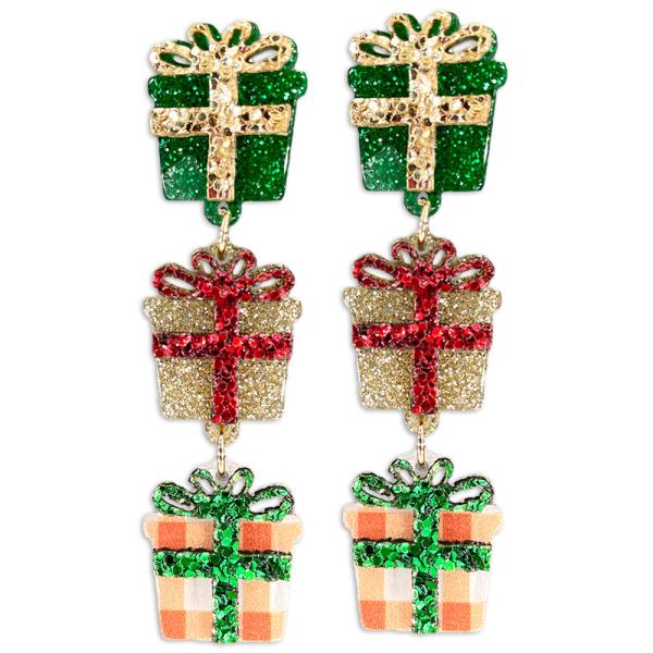 Joy of Christmas Festive Earrings feature dangling gift boxes in green, red, and gold with decorative bows. Sizes: One size fits all.