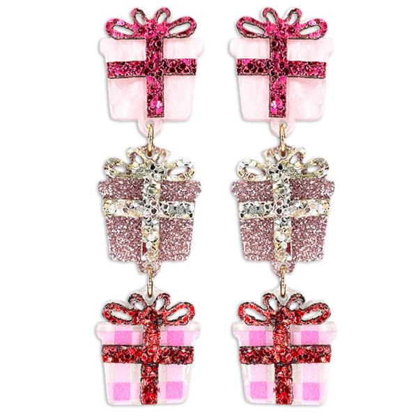 Joy of Christmas Festive Earrings: Six dangling ornamental earrings designed as gift boxes with shiny bows, featuring glittery patterns in pink and silver hues. Ideal for holiday ensembles. Available in one size.