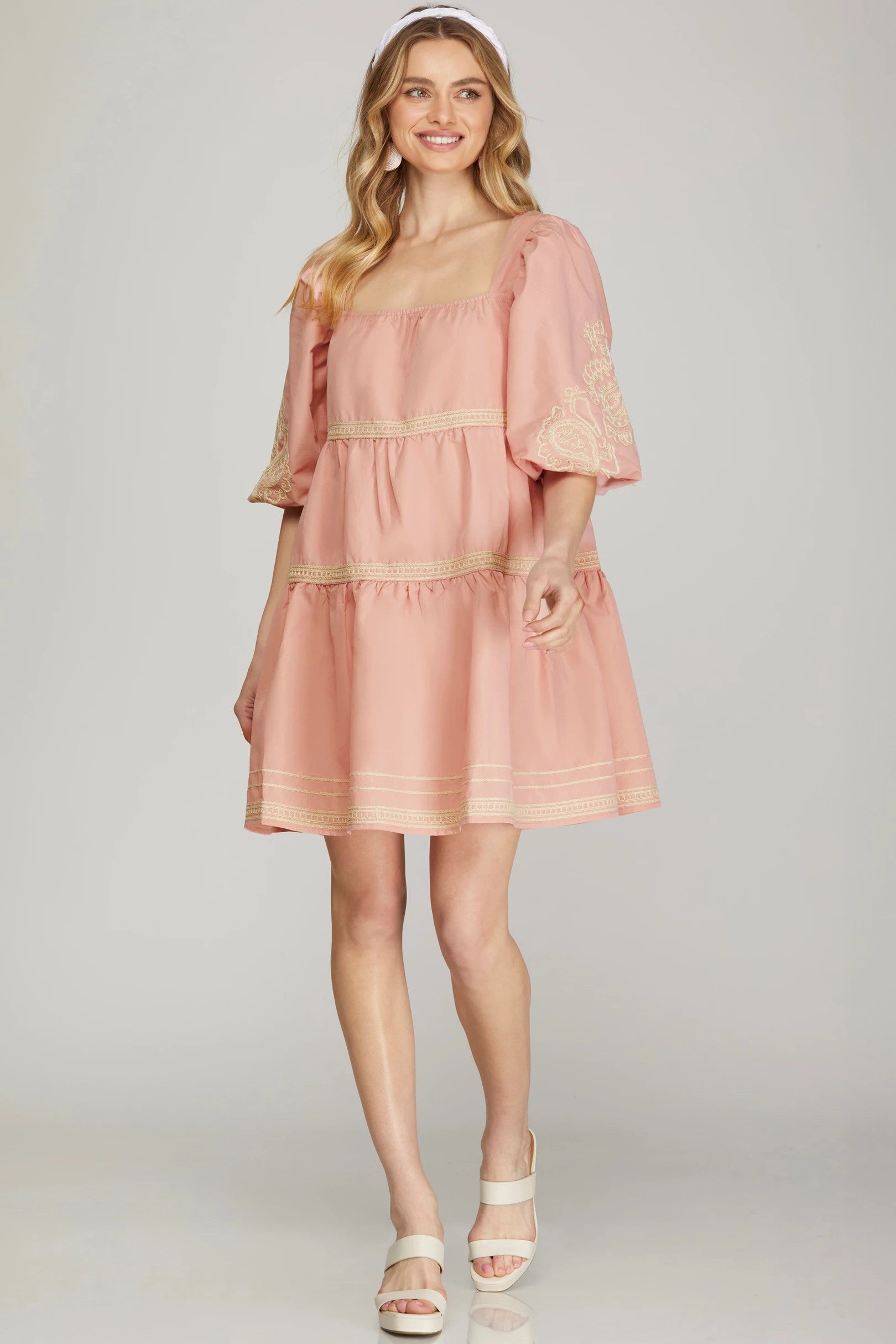 Blossom Cascade Dress: Light pink with detailed embroidery and puff sleeves. Sizes available: XS, S, M, L, XL.