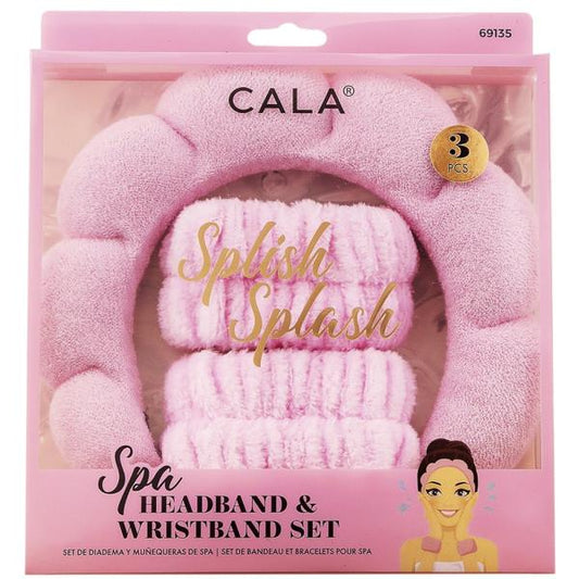 Pink Spa Headband and Wristband Set by Cala, featuring "Splish Splash" text and illustration. Ideal for spa indulgence. Sizes: One size fits most. 3-piece set includes headband and wristbands.