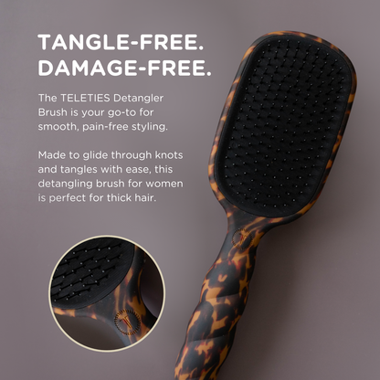 Detangler Hair Brush for Thick Hair in a tortoiseshell pattern with fine bristles; available in multiple sizes; features tangle-free and pain-free brushing.
