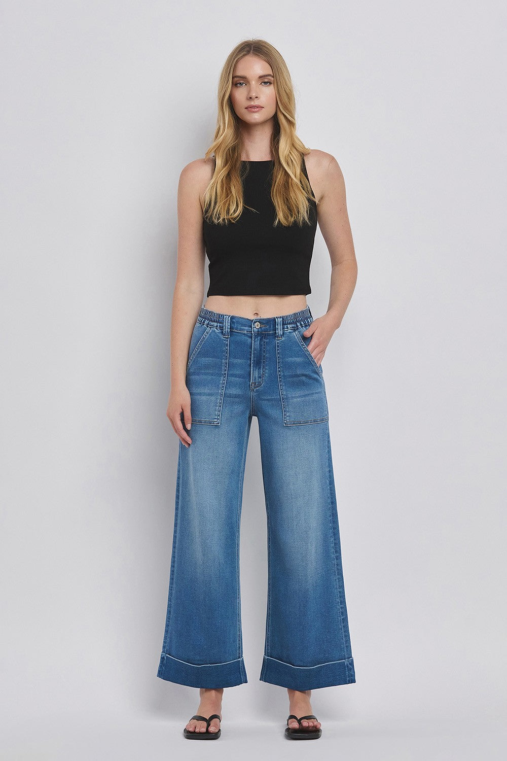 Kris High Rise Super Soft Baggy Wide Jeans feature large front pockets and offer a relaxed fit. Sizes available: 24-32.