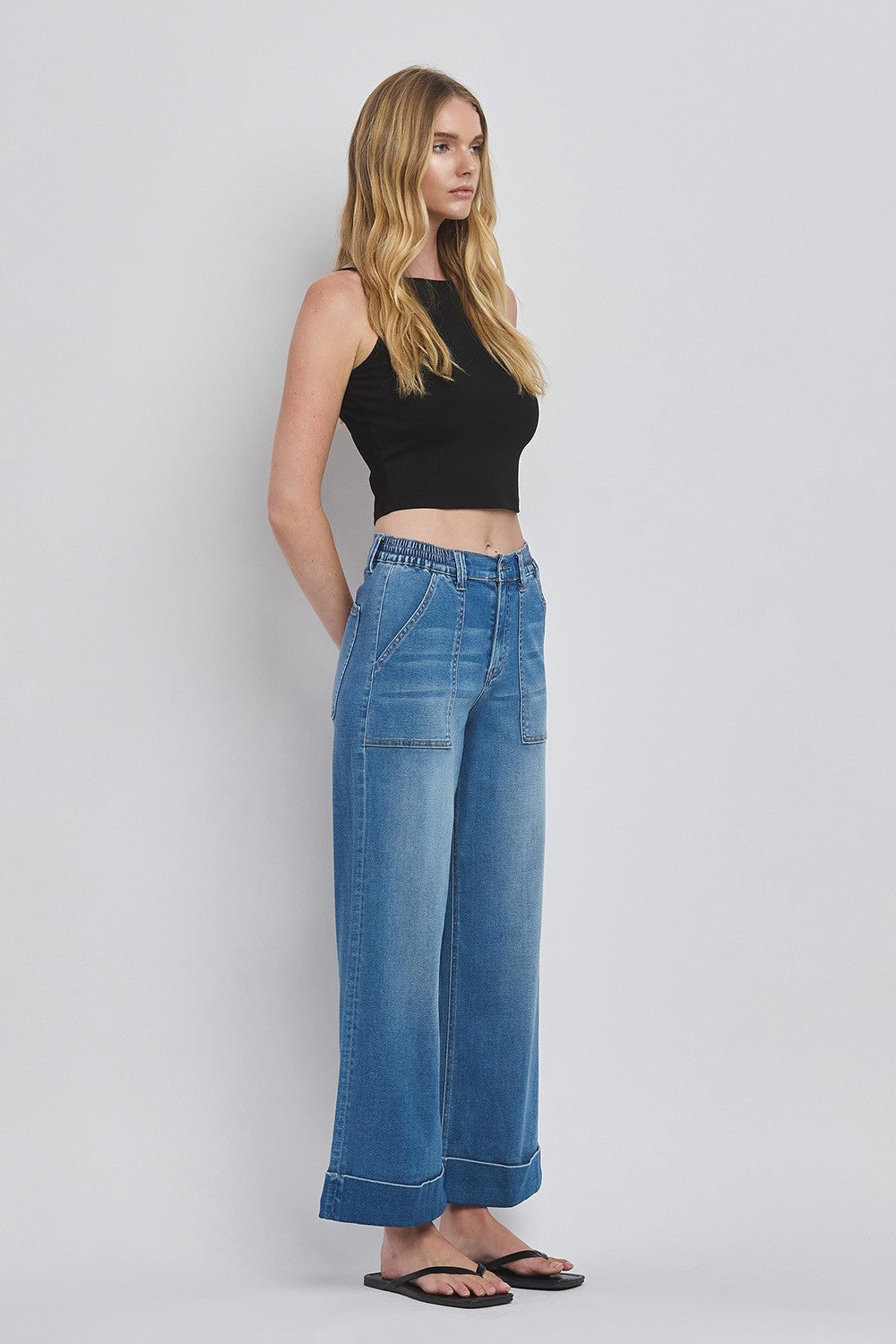 The Kris High Rise Super Soft Baggy Wide Jeans feature a high-rise waist and ultra-soft fabric for comfort. Available in sizes 24 to 32.