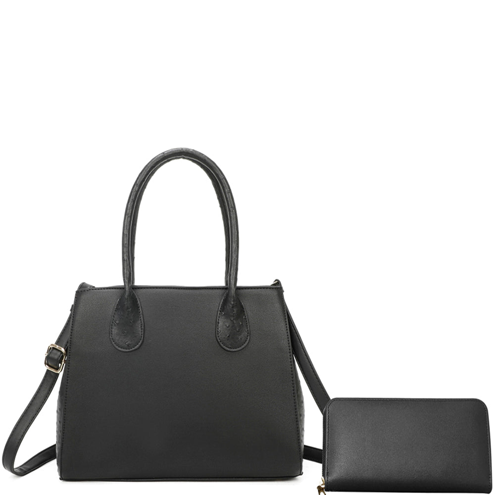 **Textured Handle Bag & Wallet Set**  
- Material: Faux leather  
- Features: Textured handles, detachable shoulder strap  
- Color: Black (matching bag and wallet)  
- Design: Structured and elegant for any occasion  
- Sizes Available: One size