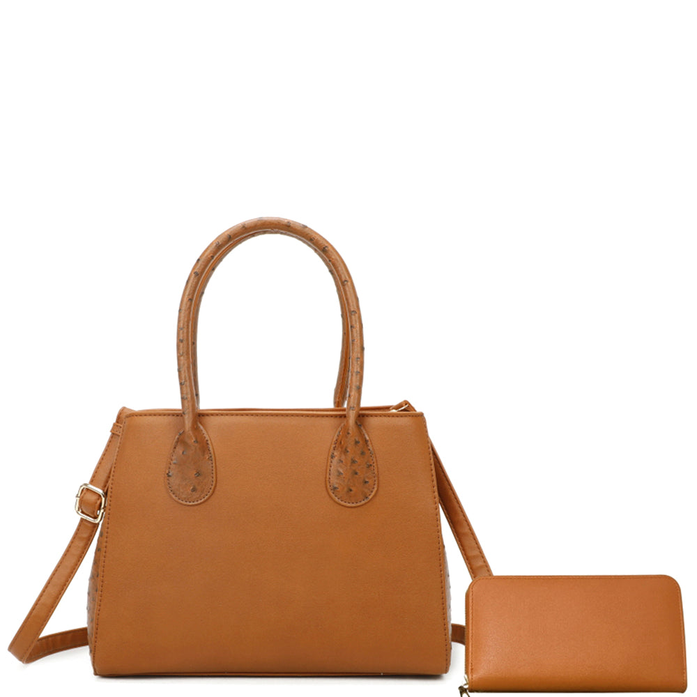 Textured Handle Bag & Wallet Set in tan faux leather. Includes handbag with dual handles and a shoulder strap, plus a matching wallet. Available in one size.