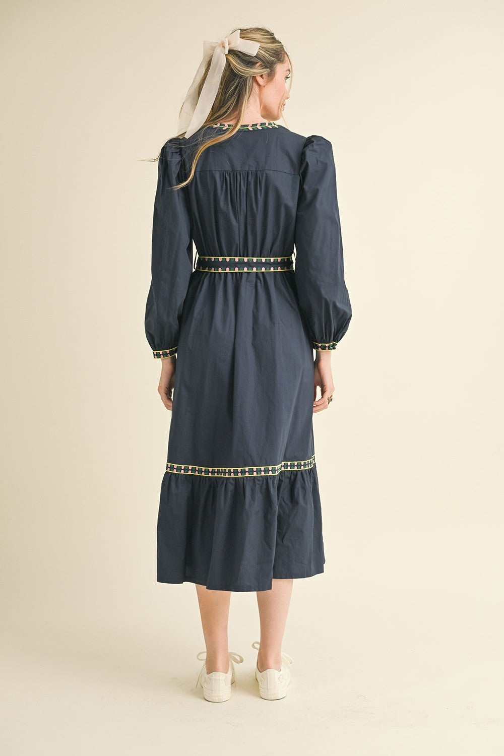 Kathy Embroidered Belt Midi Dress in navy with colorful trim. Available in sizes XS–XL.
