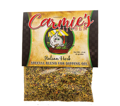 Dipping Oil Seasoning in a clear bag of mixed dried herbs with a colorful chef label. Available sizes: 2oz, 4oz, and 8oz.