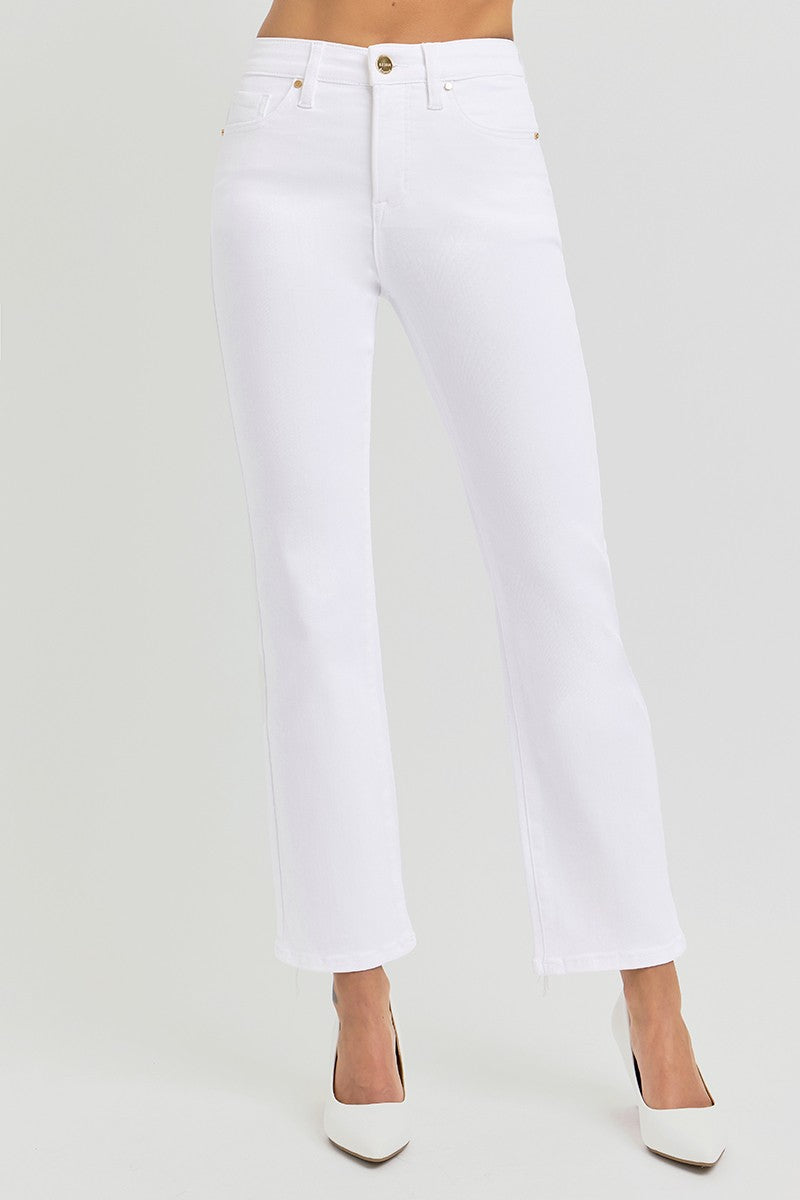 Risen Tummy Control Elastic Waistband HR White Crop Straight Pants shown; available in sizes S-XL.
