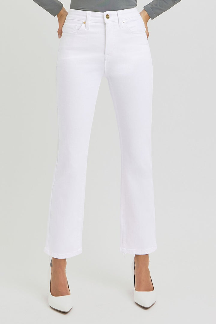 Risen Tummy Control Elastic Waistband HR White Crop Straight Pants shown; available in sizes S-XL.