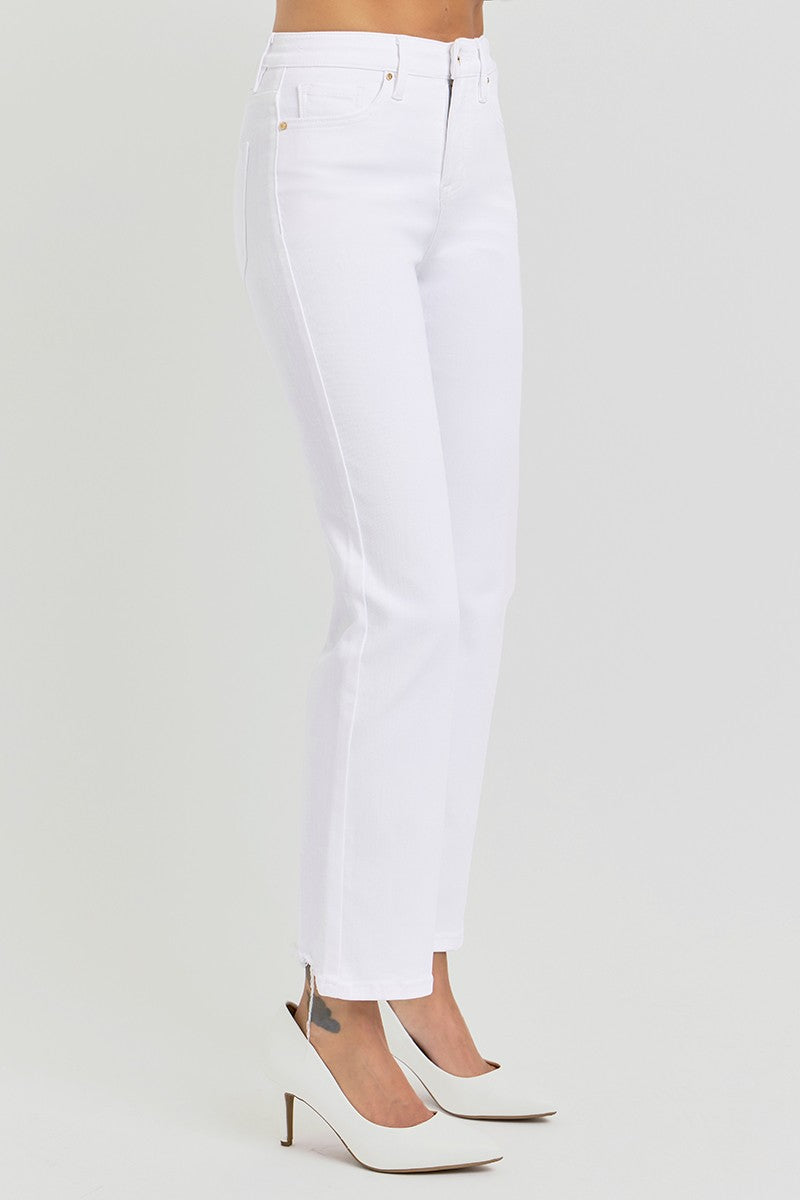 Risen Tummy Control Elastic Waistband HR White Crop Straight Pants; available in sizes S-XL.