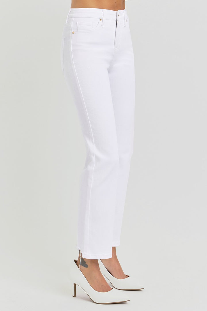 Risen Tummy Control Elastic Waistband HR White Crop Straight Pants; available in sizes S-XL.
