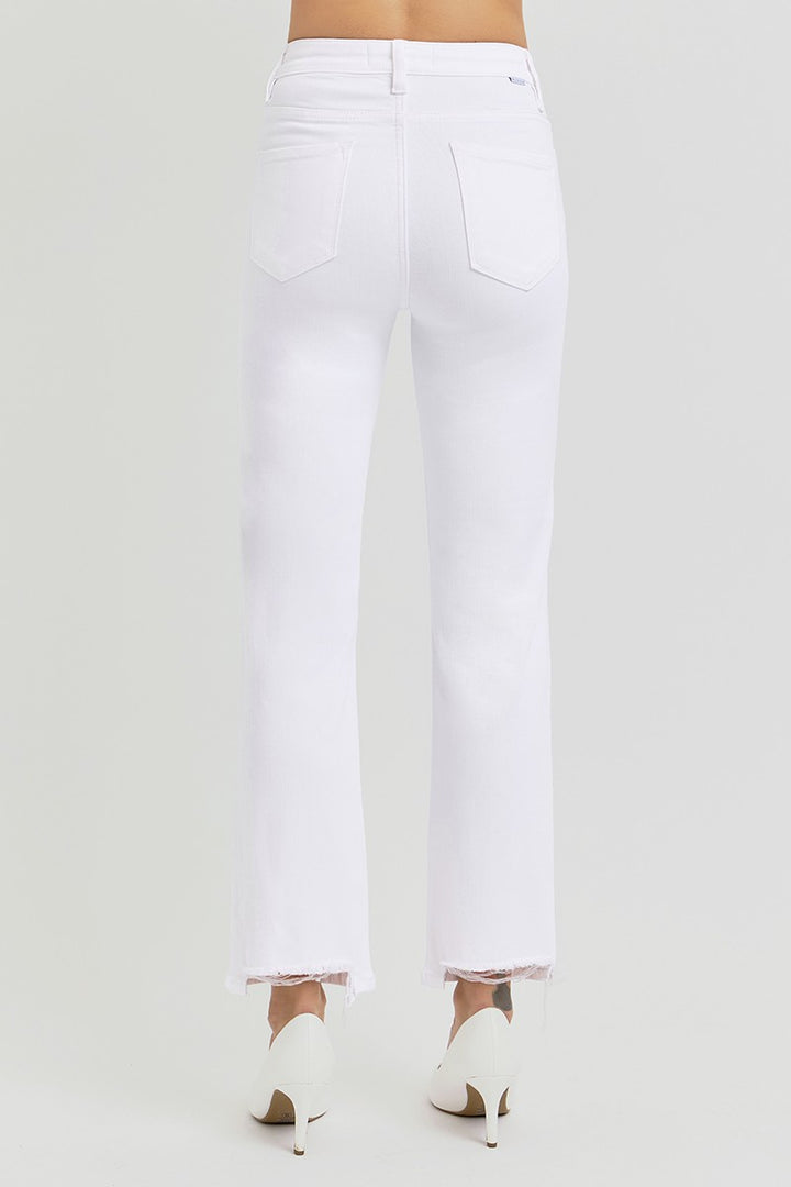 Risen Tummy Control Elastic Waistband HR White Crop Straight Pants with frayed hems. Sizes: XS-XL.