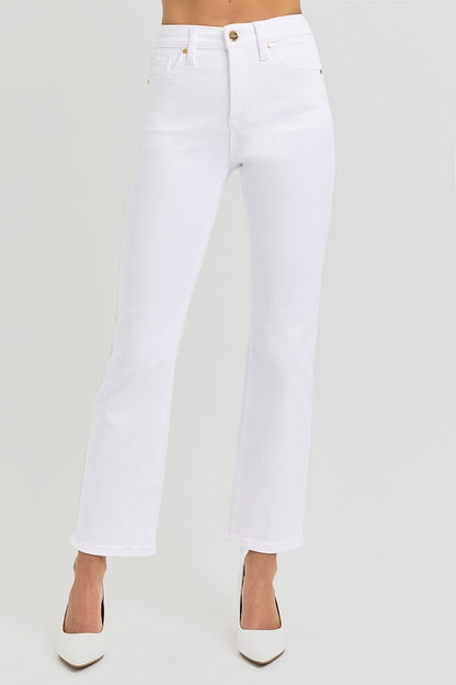 Risen Tummy Control Elastic Waistband HR White Crop Straight Pants