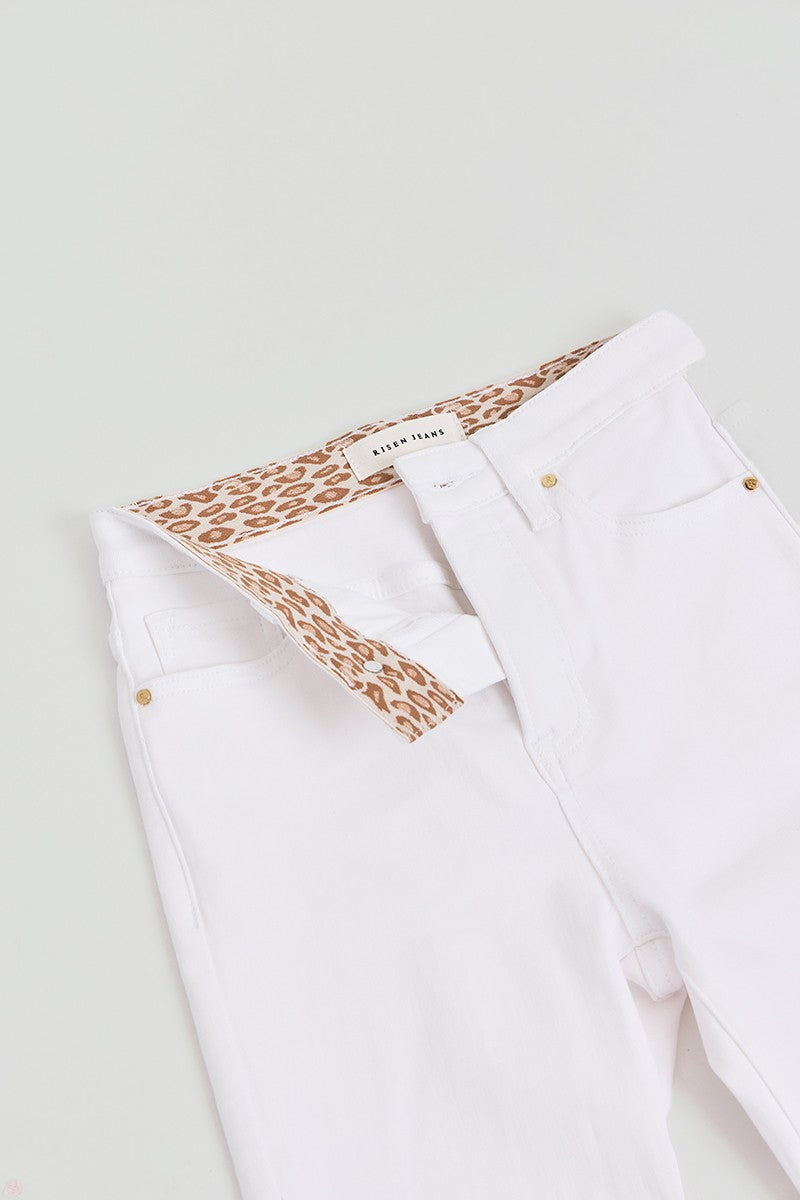 White straight-leg crop pants with tummy control, leopard print waistband lining, gold rivets. Sizes: S-XL.