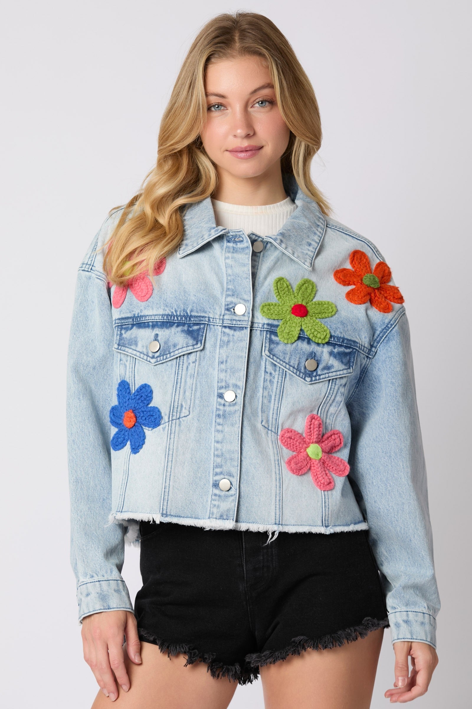 Multi Color Flower Trim Oversized Denim Jacket: Features raw hem. Available sizes: S, M, L.