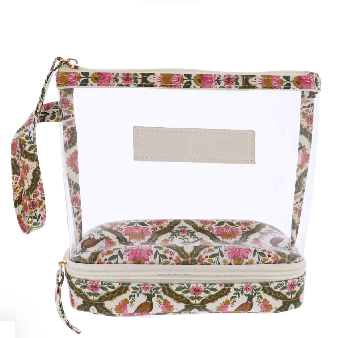 Travel Organizer | Small, clear PVC with floral and bird-patterned base, strap, and trim; gold zipper, rectangular label area. Size: Small.