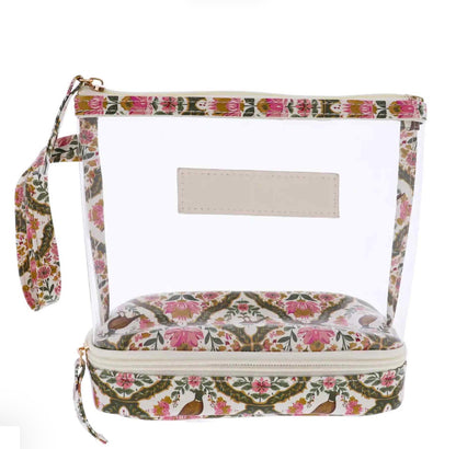 Travel Organizer | Small, clear PVC with floral and bird-patterned base, strap, and trim; gold zipper, rectangular label area. Size: Small.