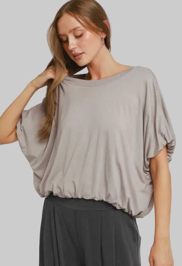 Bubble Sleeve & Hem Top in light gray with batwing sleeves and a gathered bubble hem; available in sizes S-XL.