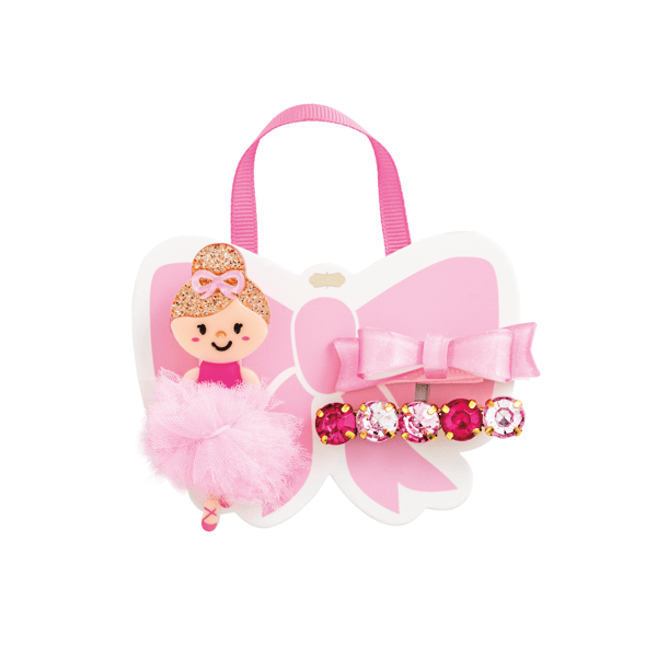 Pink and white bow-shaped hair clip holder with a ballerina figure, pink ribbon, small bow, and three attached glittery pink clips. Available in small, medium, and large sizes.