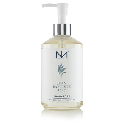 Jean Baptiste Hand Soap, 11 fl oz clear pump bottle, white label with botanical design, paraben-free.