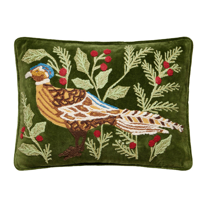Pheasant Embroidered Pillow featuring a pheasant with green leaves and red berries embroidery. Available in 16″x16″ and 18″x18″.