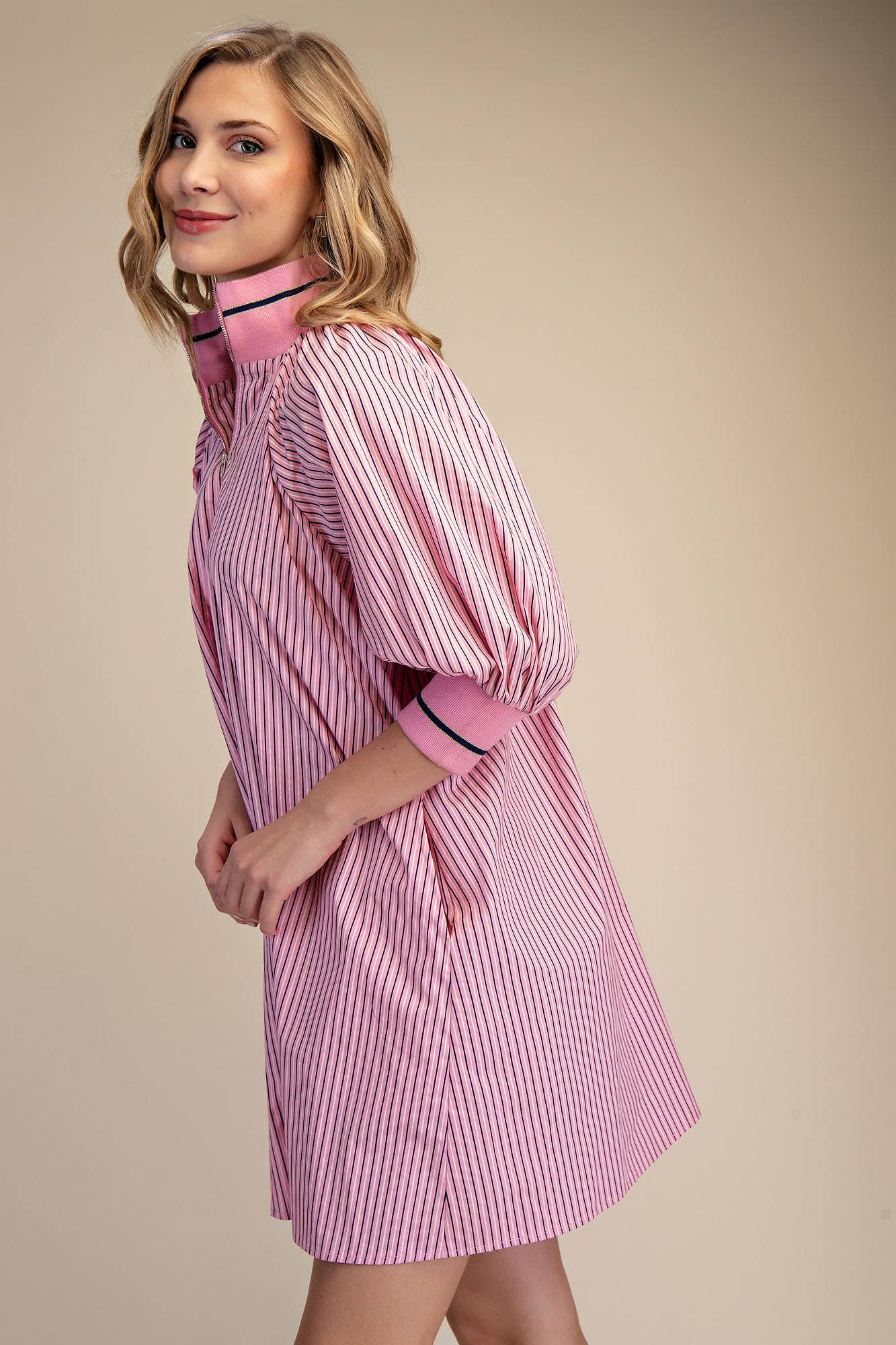Pink Mock Neck Band Puff Sleeve Dress in pink and white stripes. Available in sizes XS-XL.