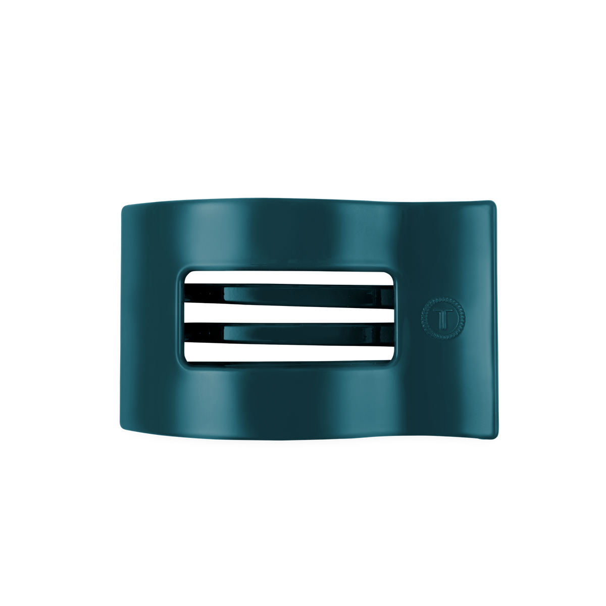 Teal, rectangular hair clip with two horizontal slots and a slight curve; available in medium size.