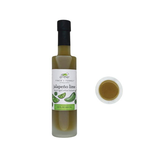 Jalapeño Lime White Balsamic Vinegar bottle with lime artwork. Available in 250ml and 500ml sizes.