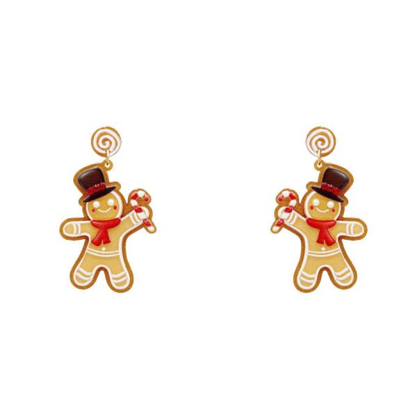 The Joy of Christmas Festive Earrings feature gingerbread men with black top hats, red scarves, and candy canes, topped with a swirled peppermint design. Size: One size fits all.