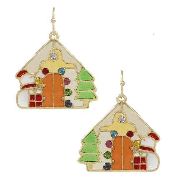 The Joy of Christmas Festive Earrings feature a gingerbread house motif with decorations including a snowman, Christmas tree, presents, and candy accents. Sizes available: One Size.